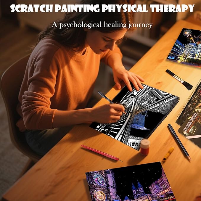 Scratch Art Book for Adults - 12PCS Scratch Painting Foil Art for Adults Scratch City Series Books Foil Engraving Scratch Art Adult Set with 6 Tools