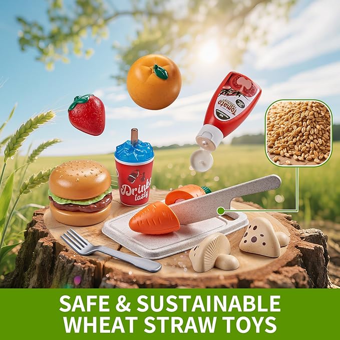 Play Food Sets for Kids Kitchen, Wheat Straw Pretend Food Toys with Kids Picnic Basket and Picnic Blanket, Cutting Toy Food, Fake Food with Pizza Toy, Play Kitchen Accessories, STEM Gift for Boy Girl