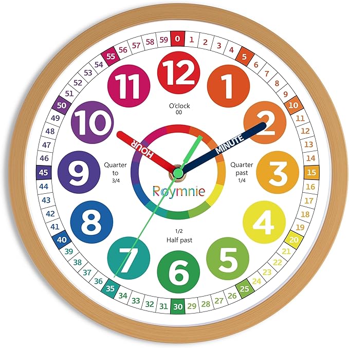 Wall Clock for Kids Learning to Tell Time Analog Non Ticking Battery Operated Kids Small Teaching Clock Silent Colorful Teaching Time Clock for Kids Room Classroom School（8 Inch）