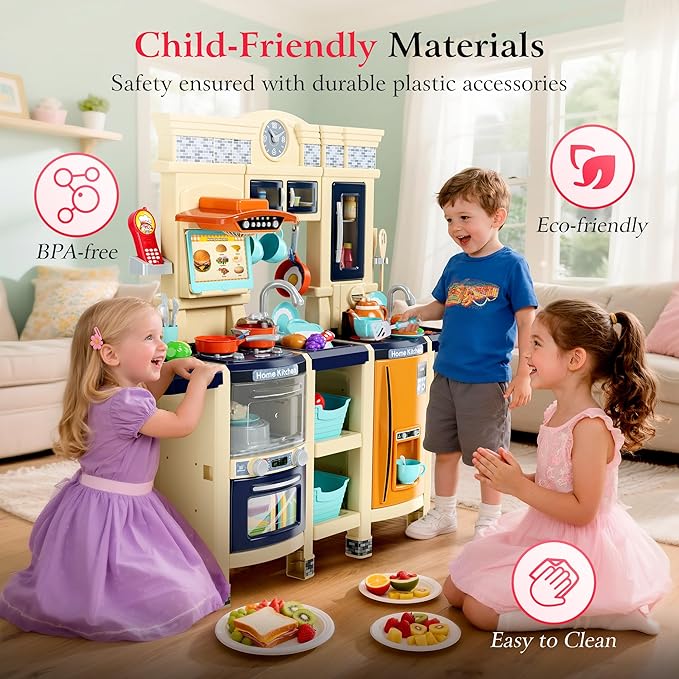 [2025 Upgraded] Kitchen for Kids & Toddlers Play Kitchen Set with Tablet Ordering, Music, Lights & Sounds, Steam Stove & Boiling Bubbles, Oven Dings, Faucet & Dishwasher,Easy-Install,Life Skills(Blue)