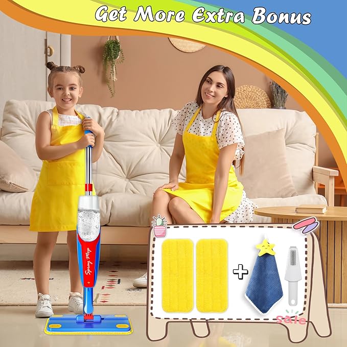 Kids Mop Cleaning Set Actually Cleans, Mini Toddler Size Kids Spray Mop Really Works, Detachable Small Mop Interactive Kid Pretend Play Toys Gift for Boys Girls
