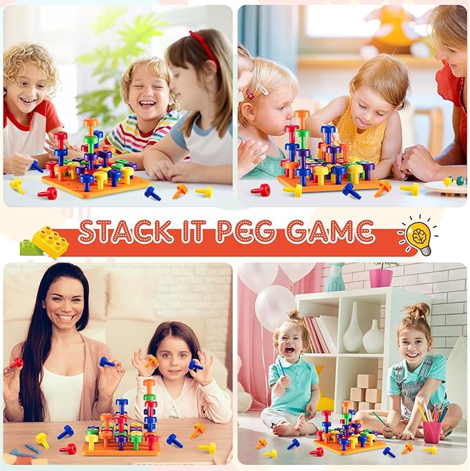 Shappy Toddler Peg Board Kids Montessori Colorful Stackable Toys 120 Pcs Pegs with 4 Foam Board 4 Sets Learning Educational Toy for Preschool Color Recognition Counting Skill with Lacing String Bag