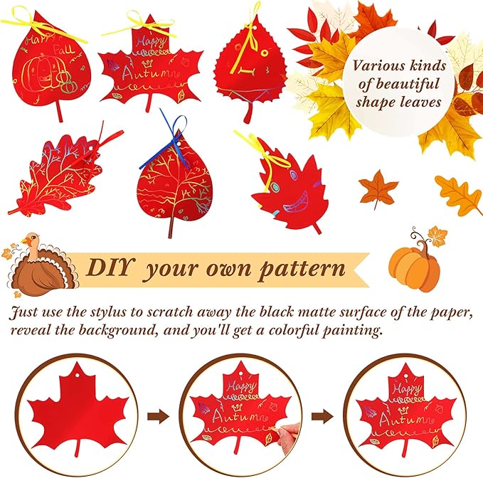 BBTO 50 Pieces Scratch Fall Leaves Colorful Scratch Leaves Paper with Ribbons and Wooden Stylus for Thanksgiving Harvest Party(Red)