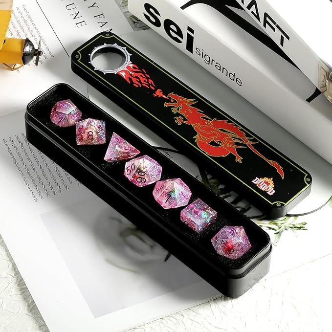 Resin DND Dice, DNDND Handmade Flowers Sharp Edge D&D Die Set with Gift Case for D&D Dungeons and Dragon Tabletop Games (Matt Purple)