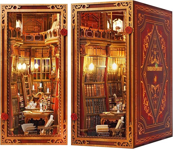 DIY Book Nook Kit, Beauty and The Beast, Dollhouse Miniature, Booknook Bookshelf Insert Decor Alley 3D Wooden Puzzle, Bookends Model Building Kit with LED Light for Adults, Enchanted Library