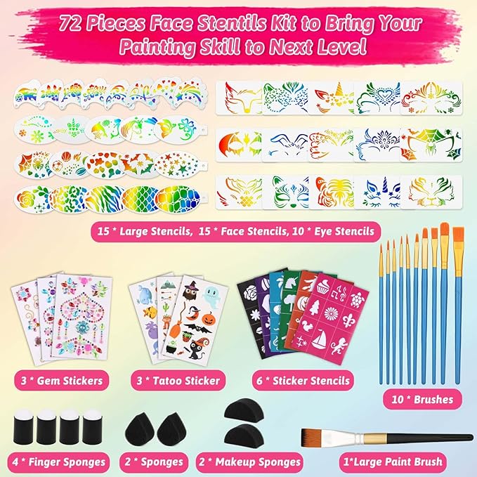 72PCS Face Painting Stencils Kit for Kids & Adults - Reusable Face Paint Templates with 10 Brushes, Makeup Sponge, Glitter Gems & Tattoo Stickers for Halloween, Christmas, Festival Party