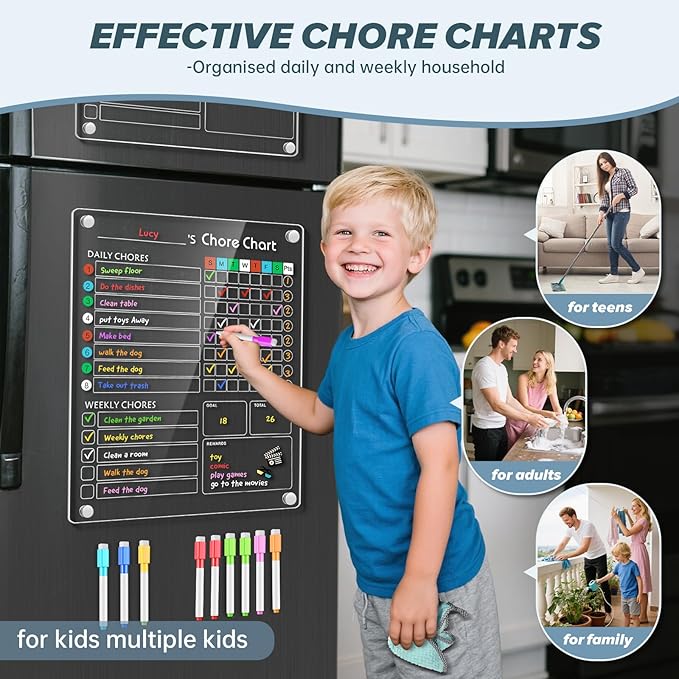Acrylic Magnetic Chore Chart for Kids, 9.5"x12" Behavior Reward Responsibility Chart for Kids/Teens/Adults Chore Chart for Multiple Kids, Reusable Chore Checklist & Responsibility Tracker (2 Pack)