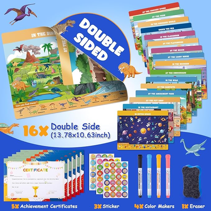 Search Find Activity Books for Kids 3-5 Preschool Learning Activities Reusable Busy Book with 4 Markers 16 Educational Theme Kids Games 4-8 Road Trip Activities Toddler Travel Car Game Toy Gift