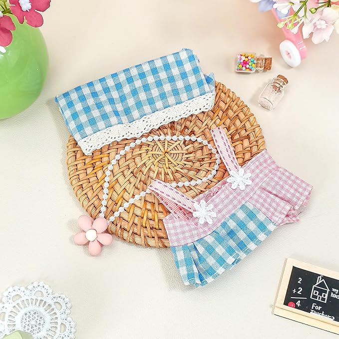 17cm Doll Clothes Set, Compatible with Labubu, Floral Dress with Lace Trim, Headband & Bear Charm Accessory (NO Doll) (Pink Gingham)
