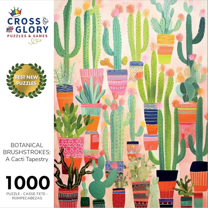 Cross & Glory - Botanical Brushstrokes: A Cacti Tapestry - 1000 Piece Jigsaw Puzzle | Plant Jigsaw Puzzle | Artistic Challenge with Vibrant Satin Finish
