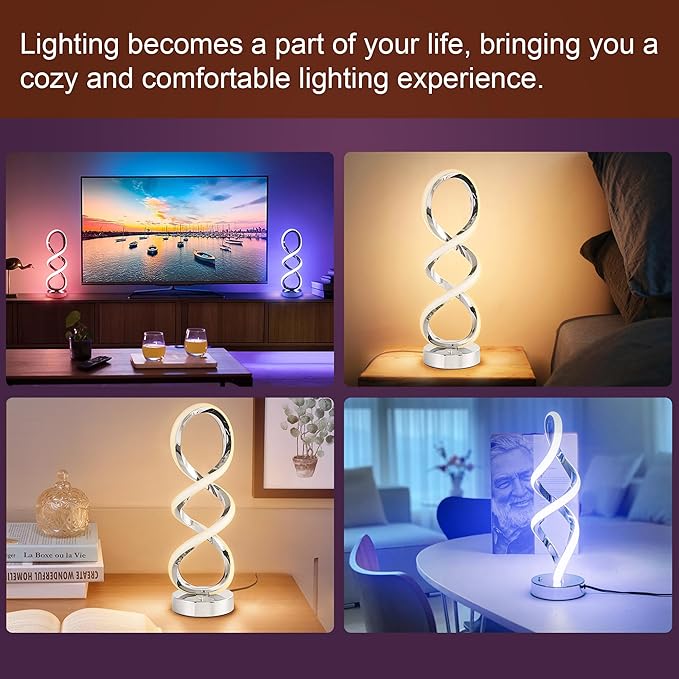 Modern Spiral RGB Table Lamp, Touch Dimmable Bedside Lamp, 7 Colors 10 Light Modes Spiral Design Table Lamp, Unique Nightstand Lamp for Living Room, Bedroom, Cool Lamps, Sliver