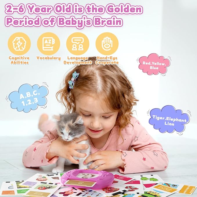 HOMESTEC Toddlers Bilingual Spanish & English Talking Flash Cards with 288 Sight Words, Speech Therapy Toys for 1 2 3 4 5 6 Years Old Boys and Girls, Learning Educational Kids Gifts (Pink)