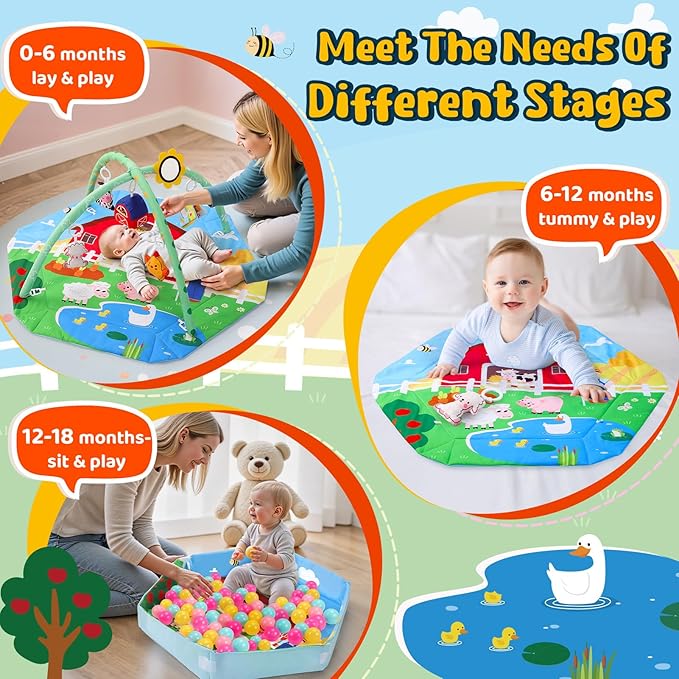 Farm Animal Baby Gym Play Mat, 9-in-1 Tummy Time Mat with 7 Baby Toys, Washable Baby Activity Mat for Visual, Sensory, Motor Development, Newborn Baby Toys Gift for Toddler 0-3-4-6-9-12 Months