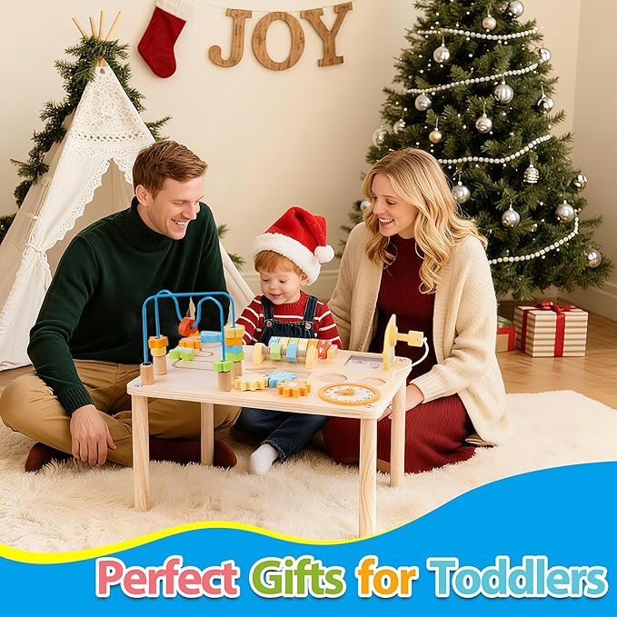 ATOYUS Activity Table for 1 2 Year Old, 8 in 1 Wooden Montessori Activity Center Toys for Toddlers 1-3, Kids Sensory Game Play Table, 1st Christmas Birthday Boys Girls Gifts for 12 Months+ Baby