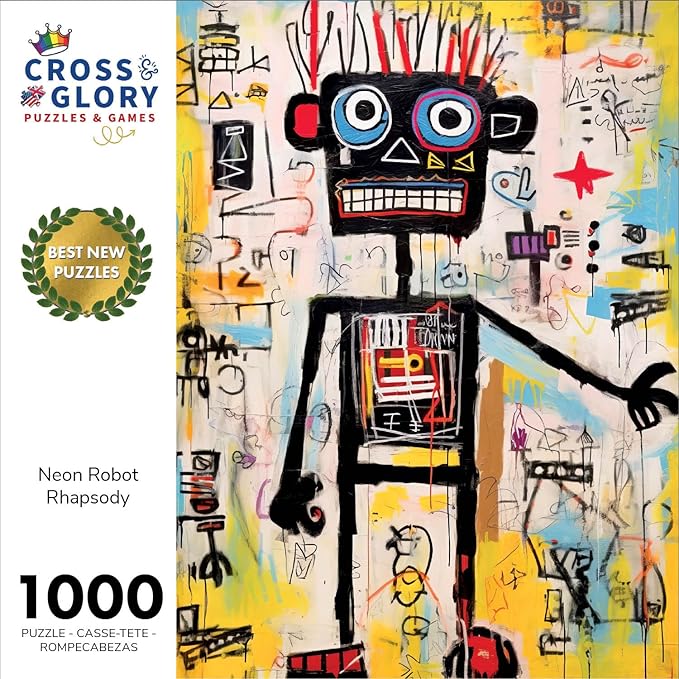 Cross & Glory - Neon Robot Rhapsody - 1000 Piece Jigsaw Puzzle for Adults | Abstract Neo-Expressionism Art | Luminous Yellow Highlights | Premium Quality | Vibrant Colors