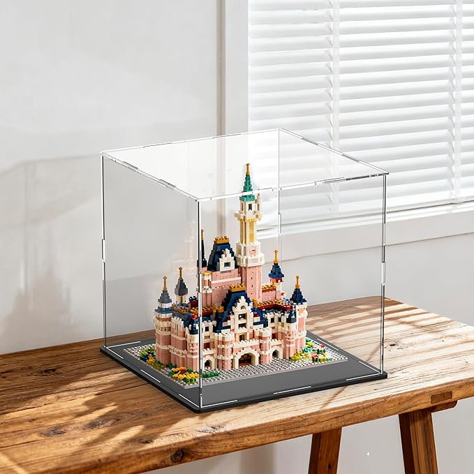 SVENJBB Large Display Case for Collectibles, 13x13x13 Inch Acrylic Box for Miniature House and Figures, Clear Acrylic Display Cases with Matte Black Base for Collection Protection and Storage