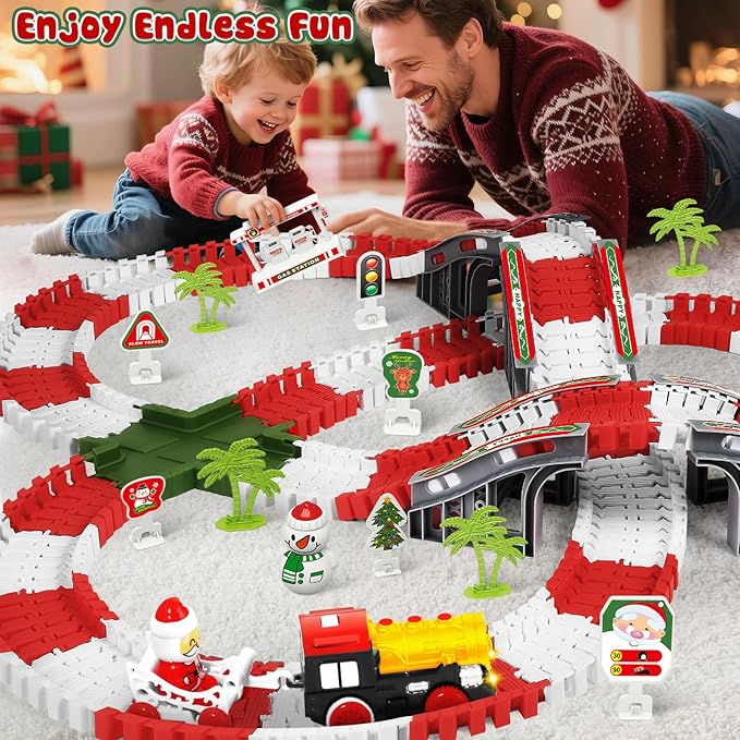 MOONTOY Track Car Toys for Kids, 233 PCS Construction Race Tracks Christmas Train Set, Assembled Light Up Railway Track Toddler Toys, Christmas Birthday Gifts for Boys and Girls Age 3 4 5 6 Year Old