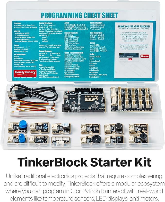 TinkerBlock UNO R3 Starter Kit with 12 Plug-in Sensor Modules, ATmega328P, Extension Board, Compatible with Arduino IDE, STEM & Electronics Learning-No Wiring Needed- Video Tutorials