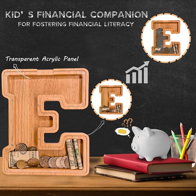 Wooden Letter Piggy Bank for Kids Larger Alphabet Letter Bank for Boys Initial Coin Bank Personalized Piggy Bank Wood Money Save Box for Birthday and Festival-Upgrade 9"" E Piggy Bank