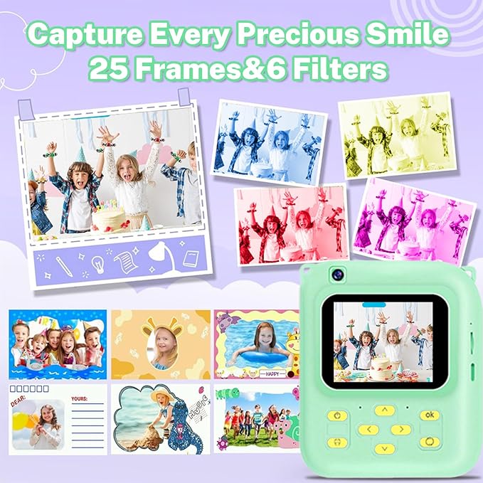 Instant Print Camera for Kids, 1080P Video Camera with 3 Print Rolls, 32GB Card & Cute Cover, Gift for Girls Boys Age 3-12, Toddler Digital Camera with Games, Filters, Music – Green