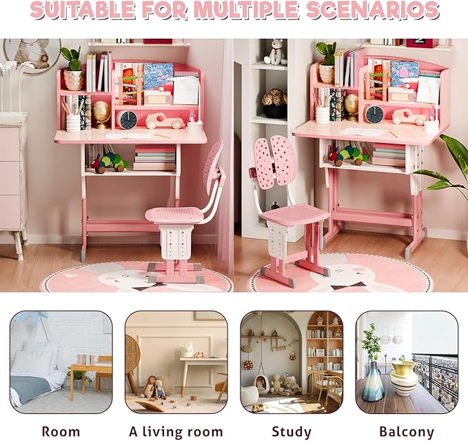 2025 NEW Kid's Study Desk and Chair Set, Ergonomic Height Adjustable Children Study Desk with Tilt Desktop, Book Stand, Light, Metal Hook and Storage Drawer,Gift for Boys Girls (Pink 70cm no lean)