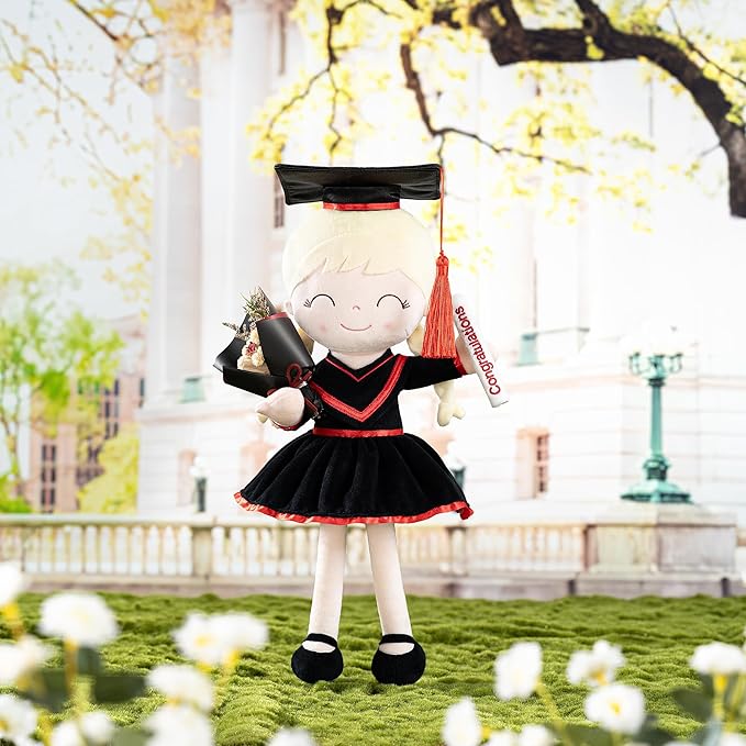 Gloveleya Graduation Plush Doll – 16 Inch Baby Girl Gift with Cap & Gown, Keepsake Congratulation Present for Kindergarten & School Graduation, Soft Cloth Doll with Gift Bag