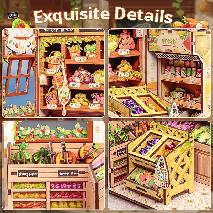 Cutefun Book Nook Kit - DIY Miniature Dollhouse Kit for Adults and Teens, Fruit & Vegetable Store Mini House Building Kit with LED Bookshelf Insert Decor Creative Gifts (The Greens’ Grocery)