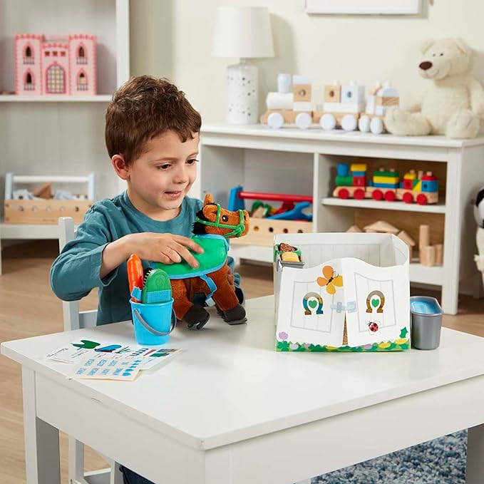 Melissa & Doug Feed & Groom Horse Care Play Set with Plush Stuffed Animal (23 pcs) Pretend Play Horse Plush Toys for Girls and Boys Toddlers Ages 1+