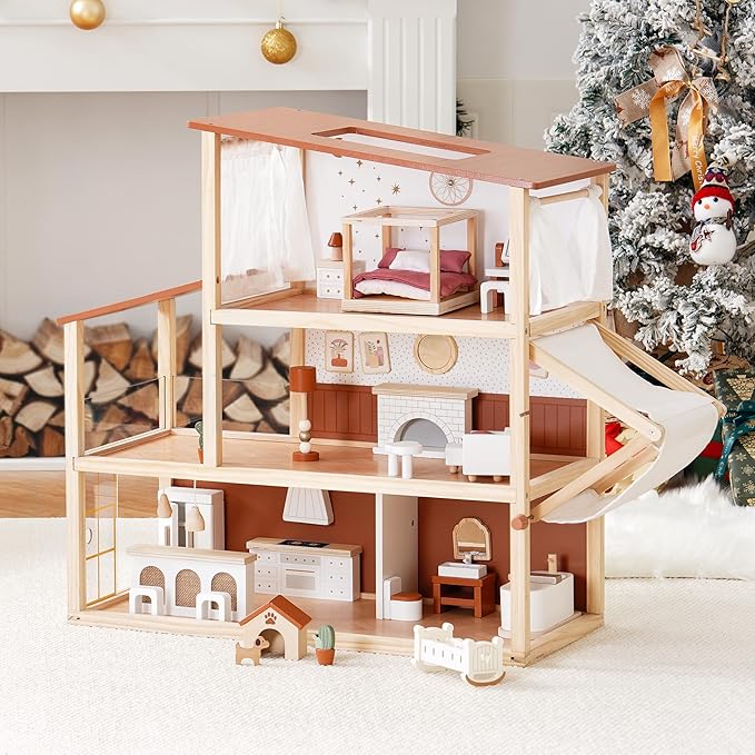 ROBOTIME Wooden Dollhouse, Doll House for Girls – 3-Story Bohemian Style Doll House with 37- Piece Furniture & Awning, Pretend Play Wooden Dollhouse Gift for Kids Ages 3+