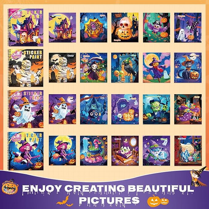 4PCS Paint by Number Sticker Book - Halloween Crafts & Acitivity Puzzles Book for Kids Ages 4-10, Travel Toys for Road Trip & Airplane,Perfect Halloween Gifts & Basket Stuffers for Kids