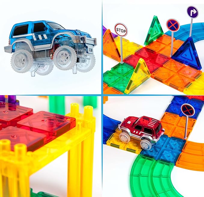 PicassoTiles 50pc Racecar Track Magnetic Tiles Educational Kids Toy with 2 Light Up Trucks STEM Preschool Learning Magnet Tile Toddler Toys Boys Girls Ages 3+ Blocks Game Puzzles Build Playset PTR50