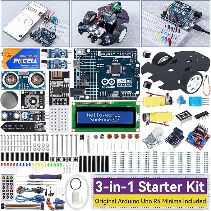 SunFounder Ultimate Starter Kit with Original Arduino Uno R4 Minima, 3 in 1 IoT/Smart Car/Basic Kit with Online Tutorials, for Beginners to Enthusiasts (Original Arduino Uno R4 Minima Included)