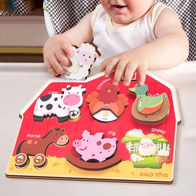 Wooden Montessori Farm Puzzles for Toddlers 1-3 – Interactive Sensory Animal Toys with Textures & Sound -Educational Puzzle & Baby Gifts for Fine Motor Skills & Autism Friendly