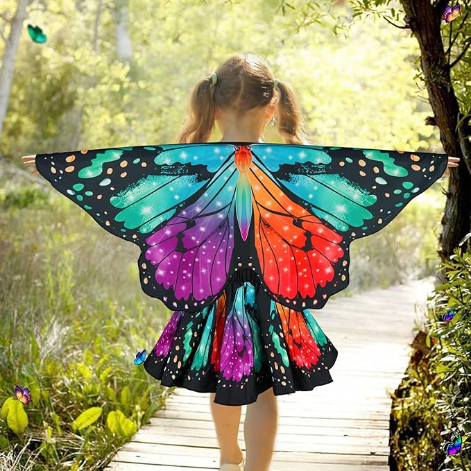 Butterfly Costume for Girls Fairy Wings Kids 4 Pcs(Cape,Skirts,Masks,Hair Clips) Butterfly Wings for Halloween Gifts