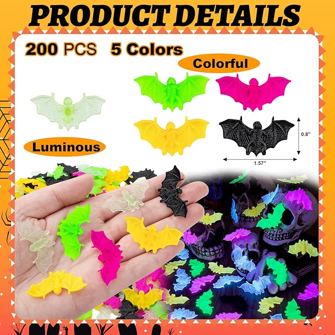 200 Pcs Plastic Bat Halloween Colorfol Mini Bats Small Luminous Bats Cute Fake Bats Creepy Scary Prank Toys for Halloween Decorations Spooky Season Decor (5 Colors)