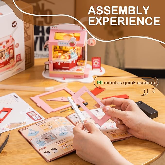DIY Mini House Building Miniature Kit Milkbox, Miniature Lifestyle Bookshelf Decoration, Cute Craft Kits for Women or Girls 14+, Kawaii Gifts Hobbies for Crafters (Strawberry Milkbox)