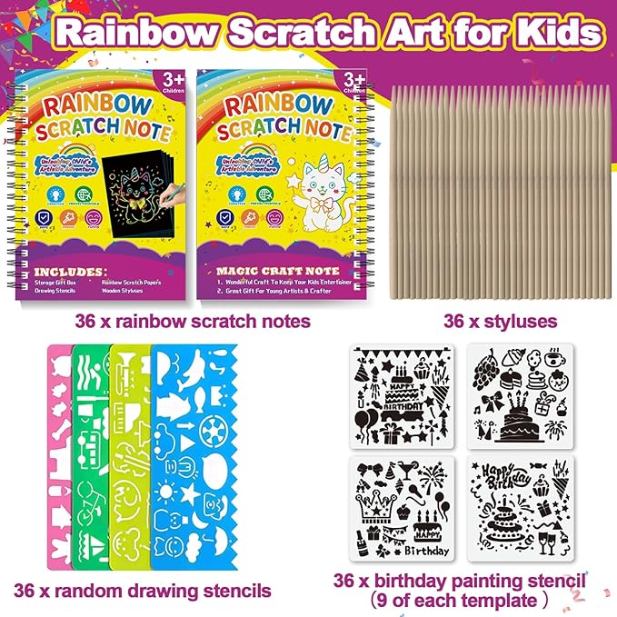 Scratch Art for Kids: 36 Pack Rainbow Scratch Paper Party Favors - Art Crafts Notebook Suitable for Birthday Gifts/School Crafts Kit/Classroom Prizes for Girls and Boys Aged 4-12