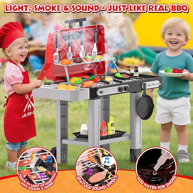 86PCS Kids Play Kitchen Toys: 2025 Kids Grill Playset with Smoke, Sound, Light, UV&Water Color-Changing Play Food, Pretend Kids Kitchen Playset, Interactive BBQ Outdoor Toys, Birthday Gift for Toddler