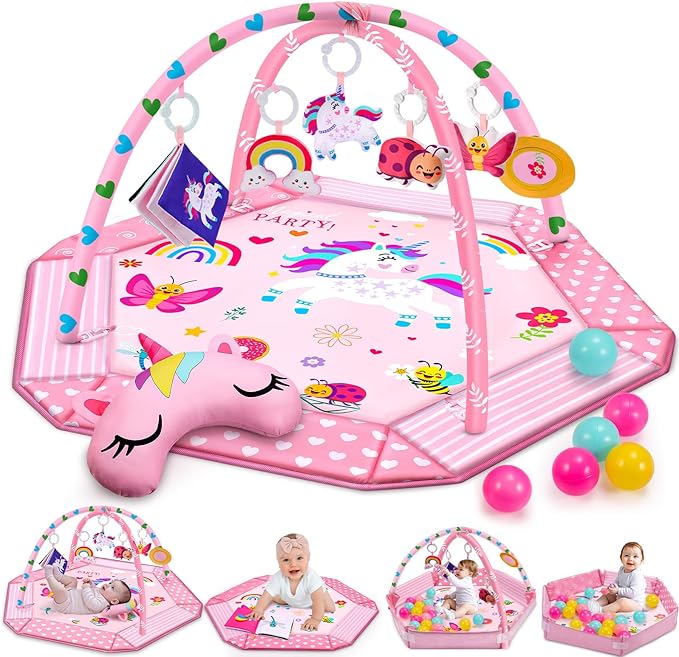 Unicorn Baby Gym Play Mat, 9-in-1 Tummy Time Mat with 7 Baby Toys, Washable Baby Activity Mat for Visual, Sensory, Motor Development, Newborn Baby Toys Gift for Toddler 0-3-4-6-9-12 Months