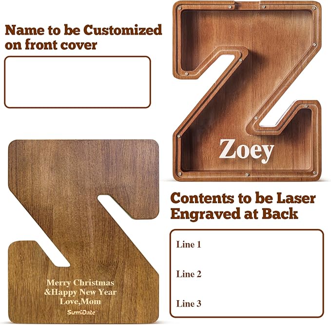 Summidate Customized Name Large Wooden Piggy Bank for Kids Boys Girls Alphabets Letter A-Z Coins Bills Money Change Bank Box Initial on Clear Cover (Laser Engraved) (Alphabet-Z, Personalized-12)