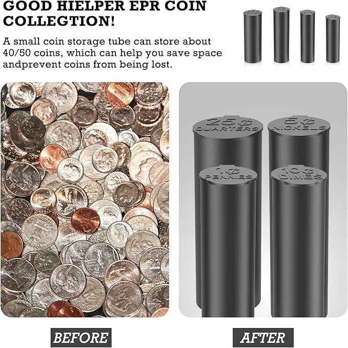 Coin Storage Tubes Set,50 Coins per Tube, Durable Plastic ，Dimes, Black ，a Box 25pcs