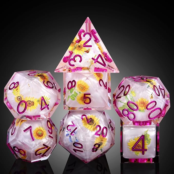 Resin Dice Set DND,DNDND Handmade Resin Sharp Edge Die with Gift Case for D&D Dungeons and Dragon Games (Flowers and Butterflies)