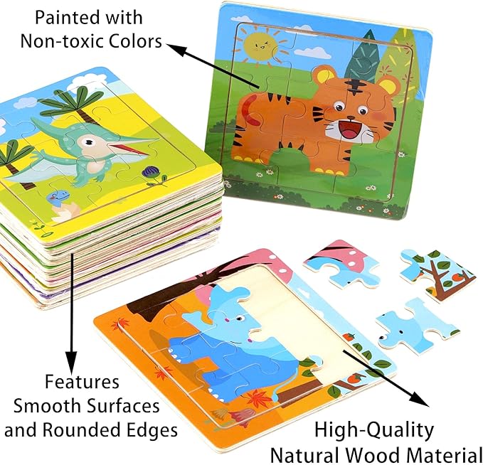 12 Pack 3.54" Mini Wooden Animal Jigsaw Puzzles for Kids Ages 2 3 Toddlers 9 Pieces Preschool Educational Puzzles Learning Travel Jigsaw Puzzle Toys Gift for Boys and Girls
