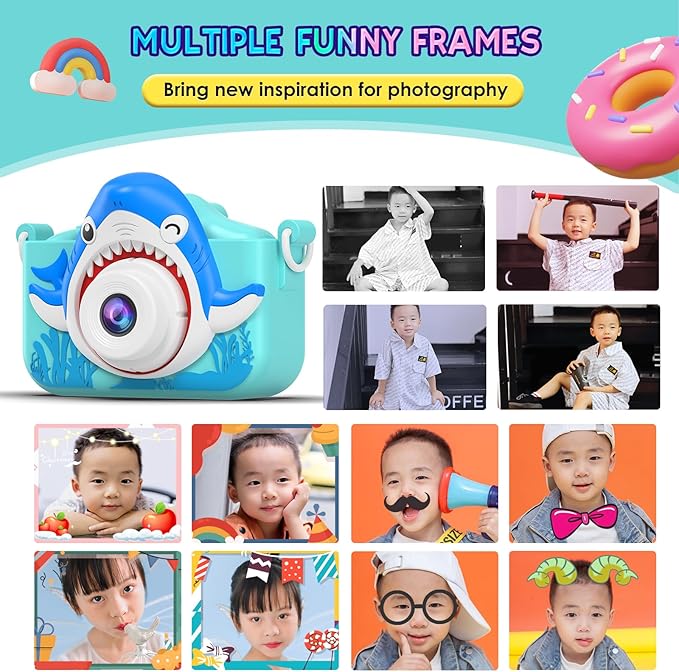 Shark Camera for Kids with Cartoon Silicone Cover, Digital Mini Camera Toys for 3 4 5 6 7 8 9 10 11 12 Year Old Boys Girls Birthday Chirstmas Gifts Ideas - Personal Video Players (Shark Blue)