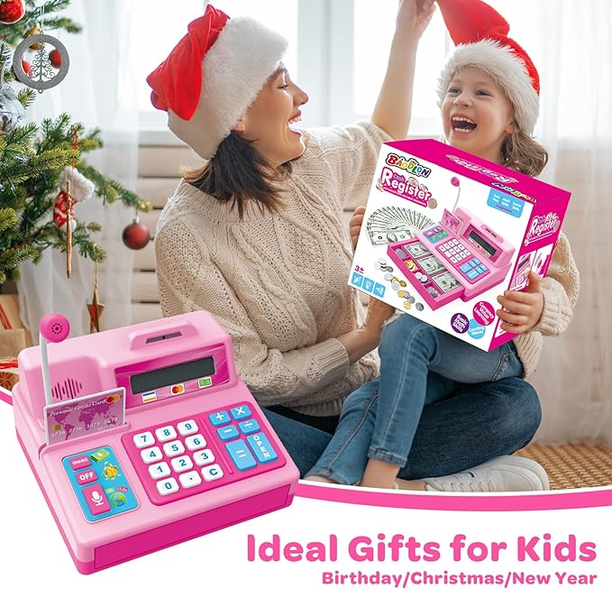 BAODLON Calculator Cash Register - 103 Pcs Pink Toy Cash Register, Microphone, Credit Card and Banking for Kids, Early Math Skills Toys Gifts for 3, 4, 5, 6 7 8+ Years Old Boys Girls