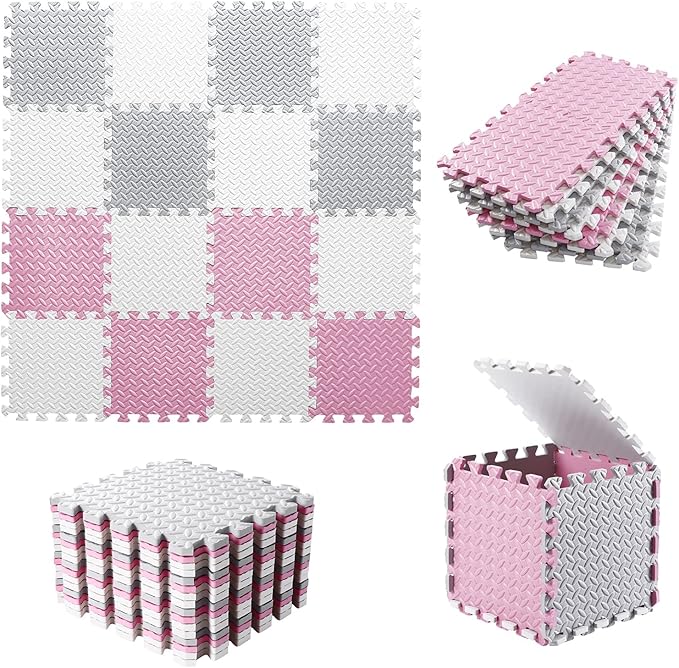 Foam Play Mat for Baby, 0.4 Inch Thick Foam Interlocking Floor Mats, Soft Non-Toxic Baby Playmat, Solid Colored Puzzle Play Mat Kids Floor Mats for Toddler, 16 Tiles(White/Light Gray/Pink)