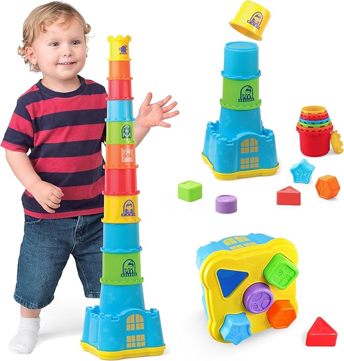 HAP-P-KID Toddler Baby Castle Stacking Nesting Cups, Infant Shape Sorting Blocks, Stack and Nest Sand Bath Stacker, Birthday Baby Gifts for 12 13 14 15 16 18 24 Months, 1 2 3 4 Year Old