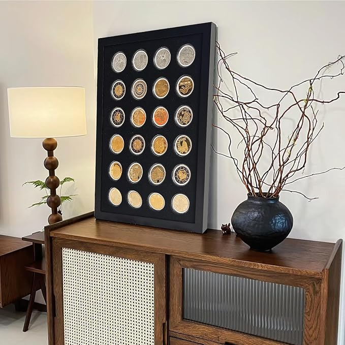 Challenge Coin Display Shadow Box,Military Coin Holder,Challenge Coin Holder Display,Casino Chip Display Case Cabinet Holder, Wood Frame, Tempered Glass Panel,with 24 Coin Capsules,Black Finish.
