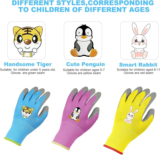 OSDUE Kids Gardening Gloves, 3 Pairs Gardening and DIY Gloves, Non-Slip Breathable Comfortable Safety Kid Suitable for Kids Under 5 Years Old Rubber Palm, Waterproof and Dustproof