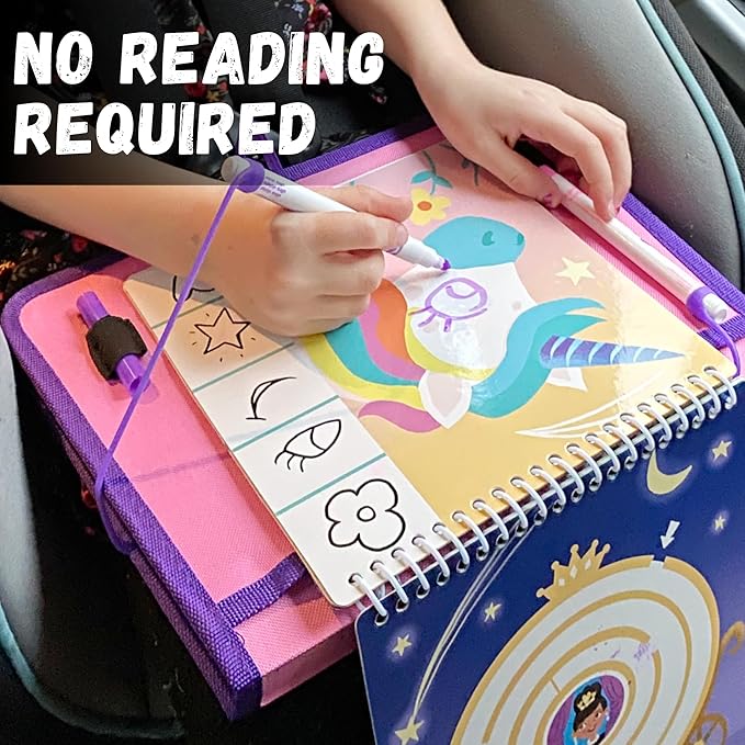 Totebook Kids Travel Educational Activity Book with Washable Markers - Car and Airplane Activities, Learning Toys for Toddlers- Reusable Stickers for Ages 4, 5, 6 (Ocean & Extra Princess Book)